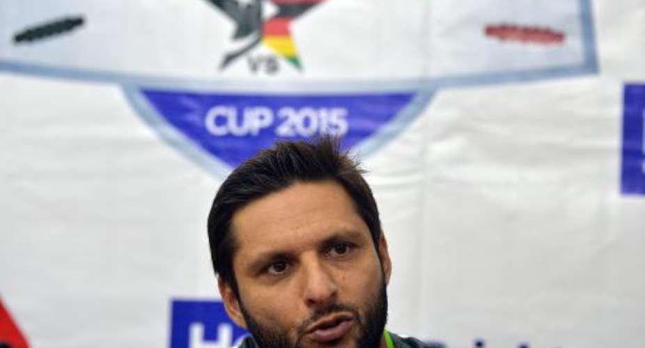 Pakistan's Twenty20 cricket captain Shahid Afridi speaks during a press conference at the Gaddafi Cricket Stadium in Lahore on May 21, 2015.  By Aamir Qureshi AFPFile