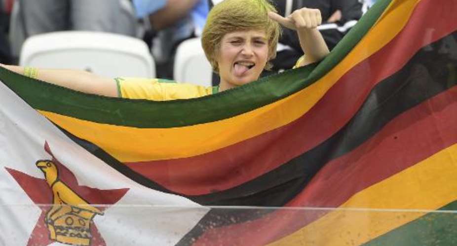 A football fan holds a Zimbabwe falg as he cheers prior to the semi-final football match between Netherlands and Argentina of the FIFA World Cup at The Corinthians Arena in Sao Paulo on July 9, 2014.  By Juan Mabromata AFPFile