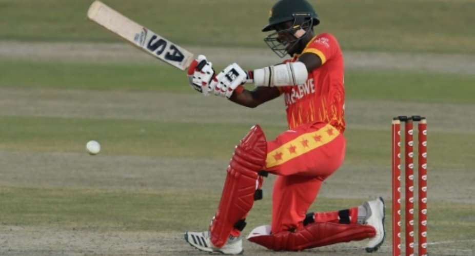 Zimbabwe's Wesley Madhevere plays a shot on his way to 70 not out off 48 balls against Pakistan the first Twenty20 match between at Rawalpindi Cricket Stadium.  By Aamir QURESHI AFP