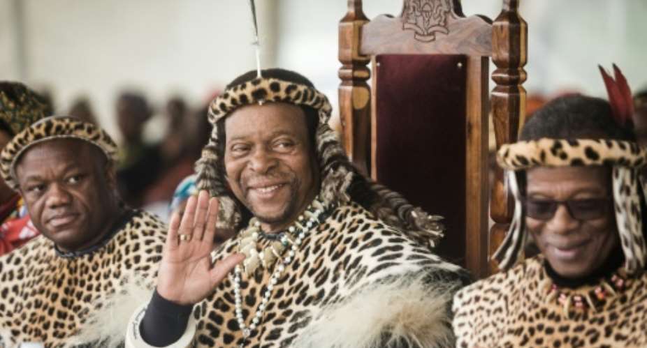 Zulu King Goodwill Zwelithini ka Bhekuzulu (C) often appeared in public in a leopard-skin poncho.  By RAJESH JANTILAL (AFP/File)