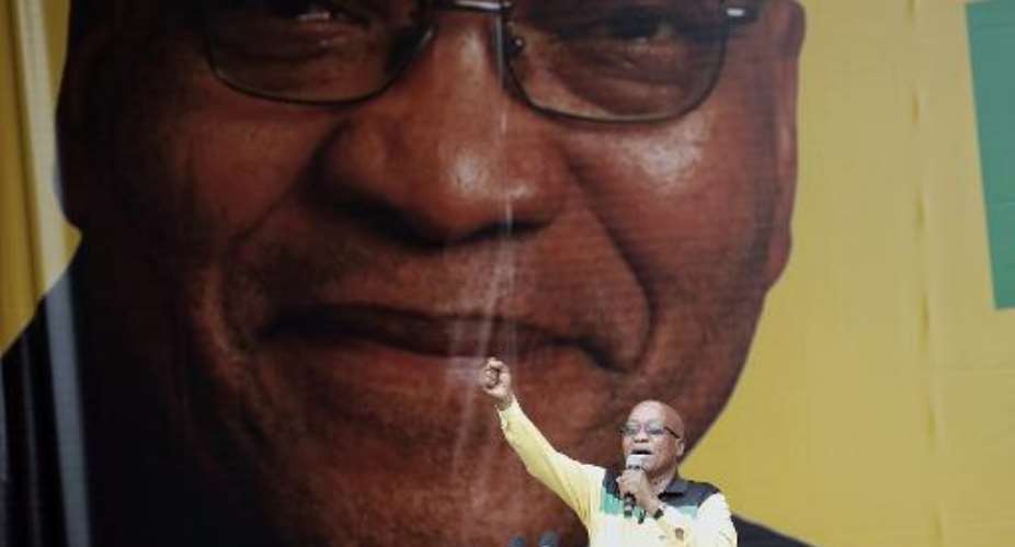 South African President Jacob Zuma pictured delivering a speech at the Mbombela Stadium in Nelspruit, South Africa during the launch of the ruling ANC partys election manifesto on January 11, 2014.  By Marco Longari (AFP/File)