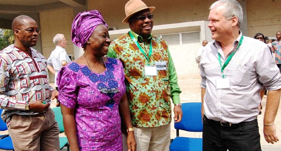 L-R: Program Officer, Bill and Melinda Gates Foundation, Dr.  Jacob Mignouna; Representative of Nigerias Minister of Agriculture and Rural Development, Comfort Awe; Coordinator, African Cassava Agronomy InitiativeACAI, Dr. Abdulai Jalloh; and Director