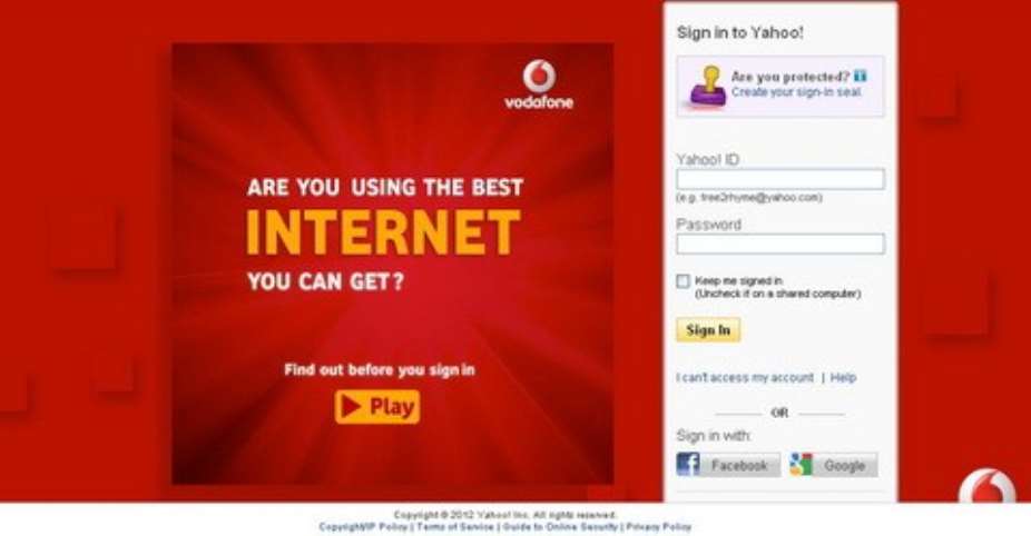 Vodafone Ghana takes over Yahoo Mail Login page