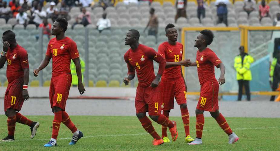 Black Stars celebrating after scoring one of the goals against Mauritius in 2017 Africa Cup of Nations qualifier