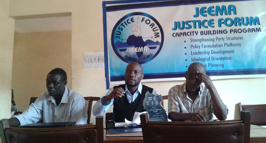 Jeema Spokes person Kaggwa Swaib adressing a press conference.