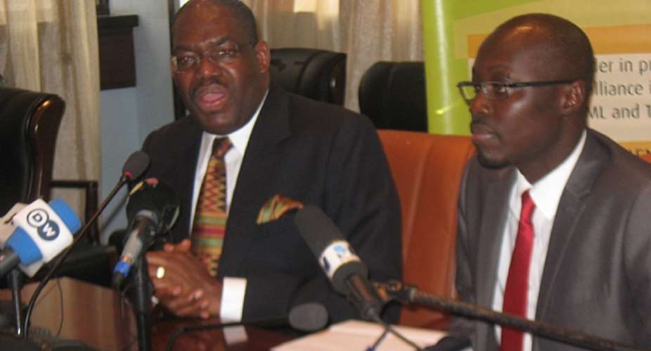 Director-General of GIABA, Dr. Abdullahi Shehu (Left) Flanked By Ghanas Deputy Minister Of Finance Hon. Casiel Ato Forson At The Press Briefing Yesterday
