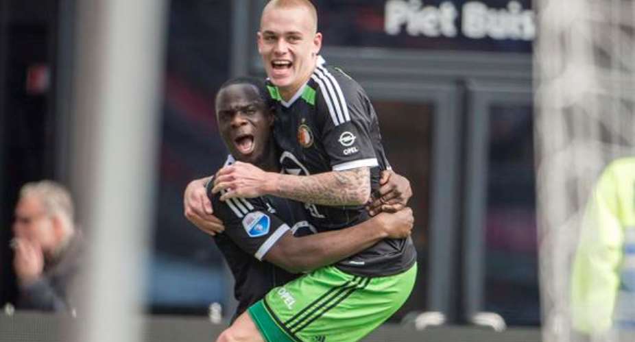 Elvis Manu, celebrating his goal with Feyenoord team-mate Jordy Clasie, netted a brace for Feyenoord