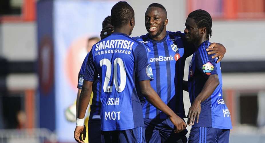 Ernest Asante celebrates his goal for Stabaek