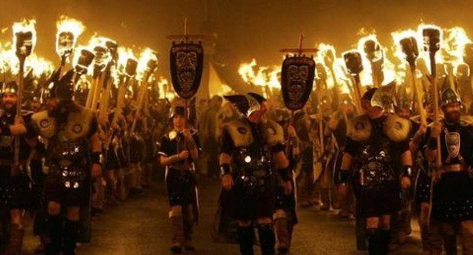 During Up Helly Aa, the Guizer Jarl leads a procession of the honoured Jarl Squad, whose members dress in full Viking attire. Press Association