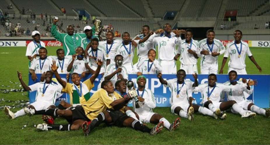 Nigeria players celebrate after winning the final against Spain at the FIFA U-17 World Cup Korea 2007. The final took place in Seoul on Sunday, 9 September.