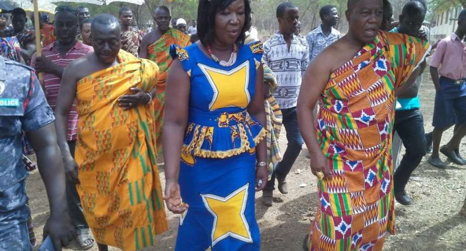 Eastern regional minister Mavis Ama Frimpong touring project sites with the chiefs