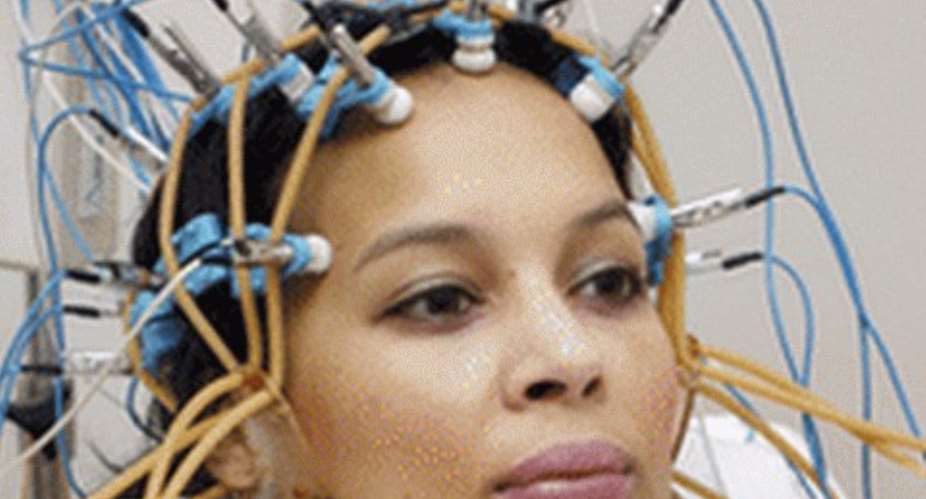 Electrodes attached to the head read electrical activity from different parts of the brain