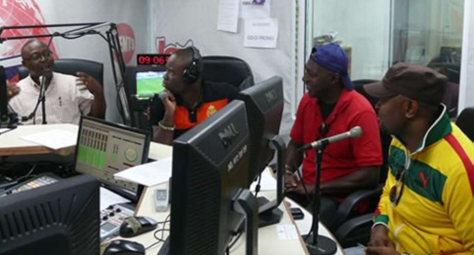 L-R: Mawuli Ocloo, Nathaniel Attoh, Max Ansah and Yaw Ampofo-Ankrah in the studios of Joy FM