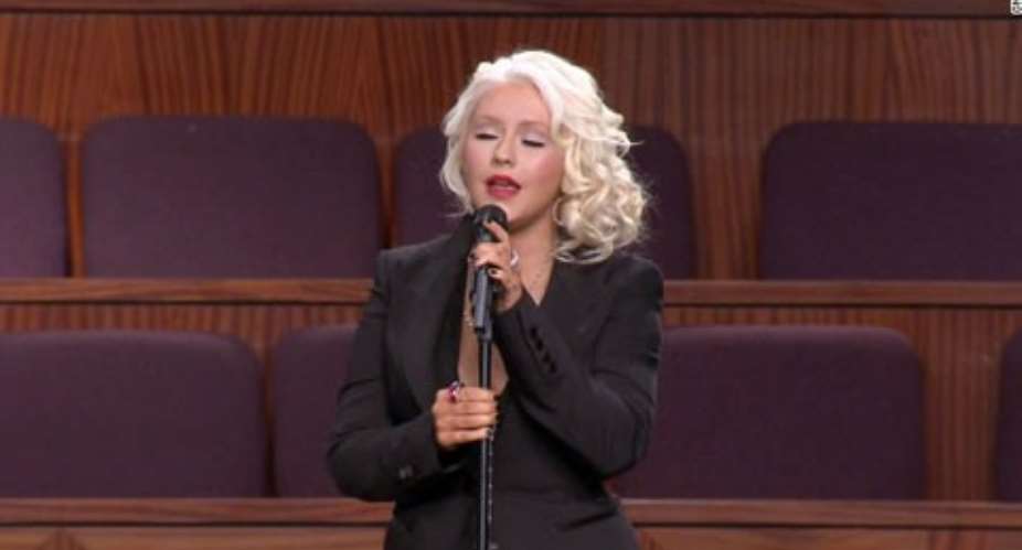 Christina Aguilera sings Etta James signature song At Last Saturday at the funeral in Gardena, California
