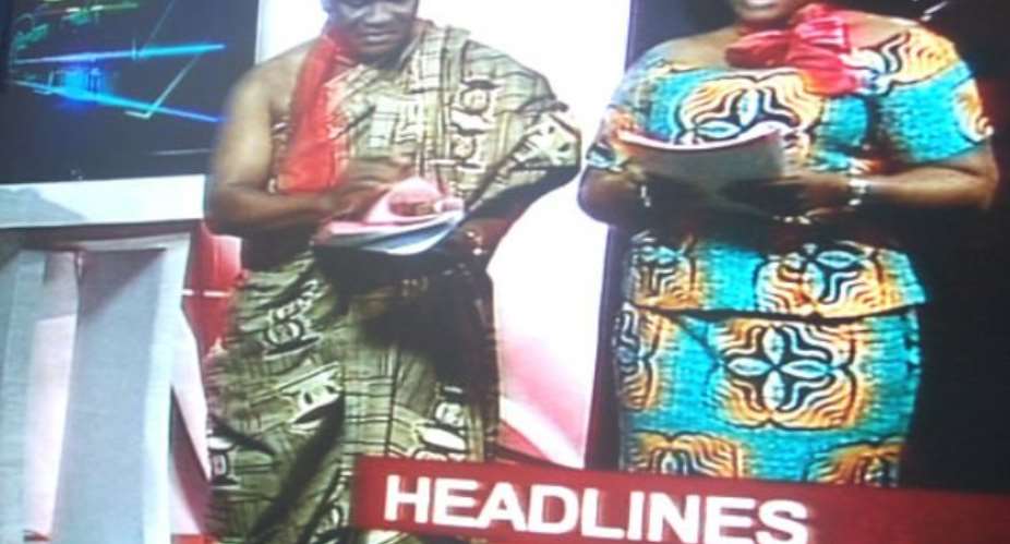 Newsreaders Ebenezer Ampaabeng and Barbara Gaisie presenting the 7 oclock bulletin