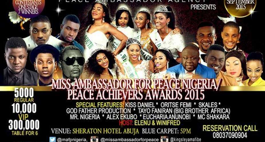Miss Ambassador For Peace Grand Finale Takes Centre Stage 26th September With Oritse Femi, Kiss Daniels, Others