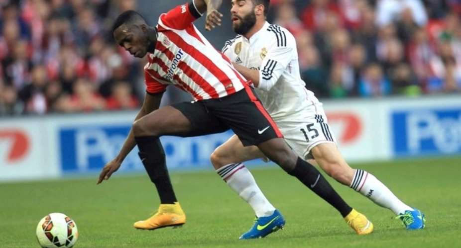 Inaki Williams in a challenge with Real Madrid defender Carvalja is set to sign new Athletic Club deal