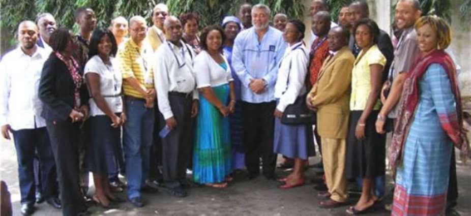 Ex-President J.J. Rawlings with members of the British Councils Strategic African Leadership programme at his residence in Accra.