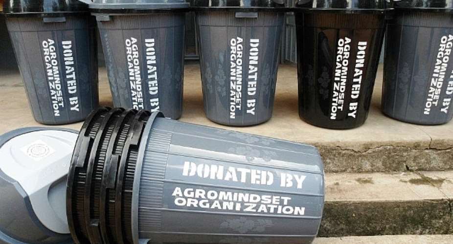 picture of some of the waste cans donated by Agro Mindset Organization to the Kwamo Technical School