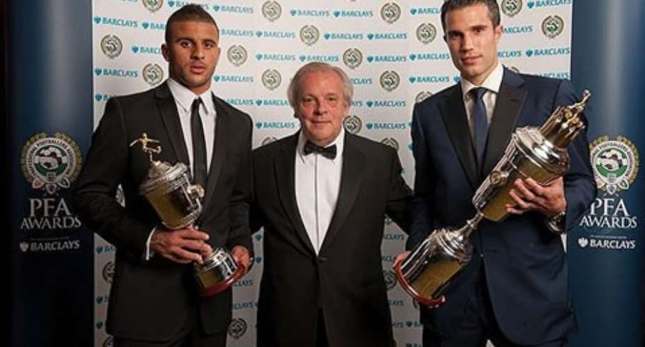 Silverlined success: Arsenals star forward Robin van Persie (right) shows off his Player of the Year award with young player of the year Kyle Walker