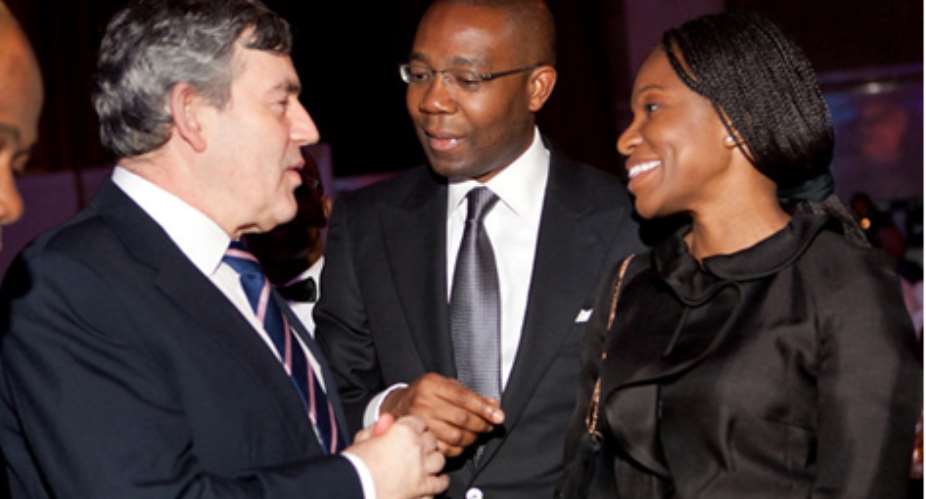 L-R: Former Prime Minister of Britain, Gordon Brown, GMD/CEO, Access Bank, Aigboje, Aig-Imoukhuede and Ofovwe Aig-Imoukhuede, at the GBCHealth Gala Awards Dinner in New York, where Aigboje was announced as Co-Chair of GBC Health.