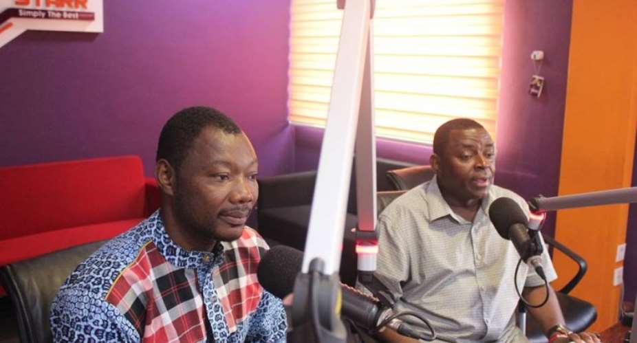 Nii Armah Akomfrah right and Bernard Mornah of the PNC in the studio of Starr FM