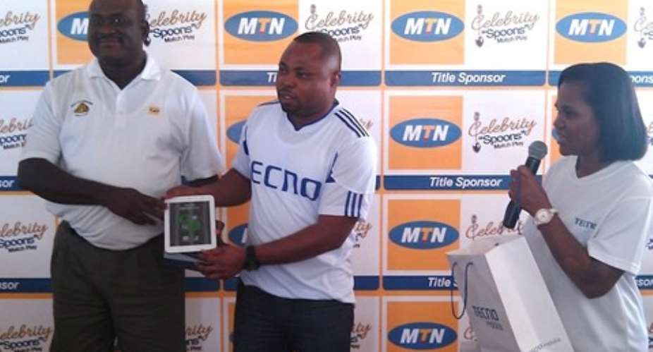 Outgoing MTN CEO Michael Ikpoki left and TECNO Ghana CEO Maxwell Techie right unveiling the new Phantom PAD
