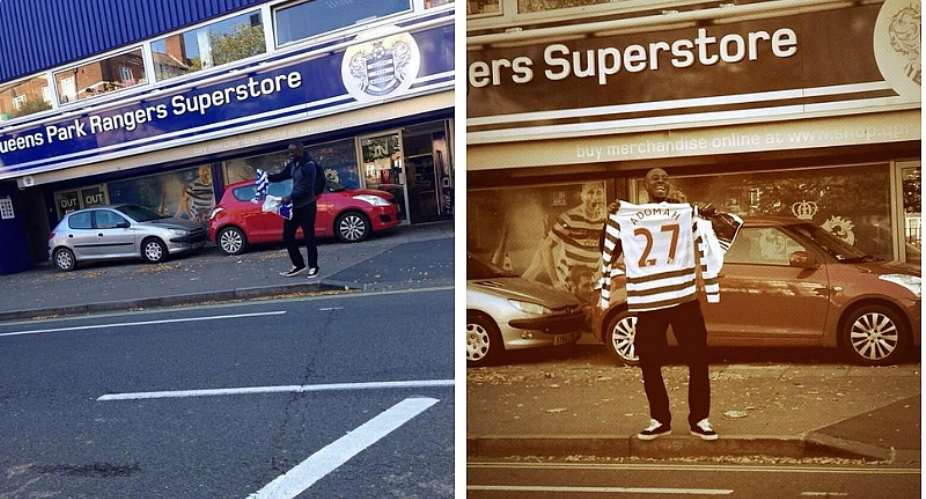 Albert Adomah poses in his new QPR shirt – but don't worry, it's not what you think