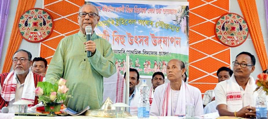Photo Asia:Writer and Journalist Dr. Homen Borgohain Delivering His Speech During A Bihu Function Held At Bor Amri Along Nagaon-Karbi Anglong District Border Of Assam On Tuesday April 30, 2013