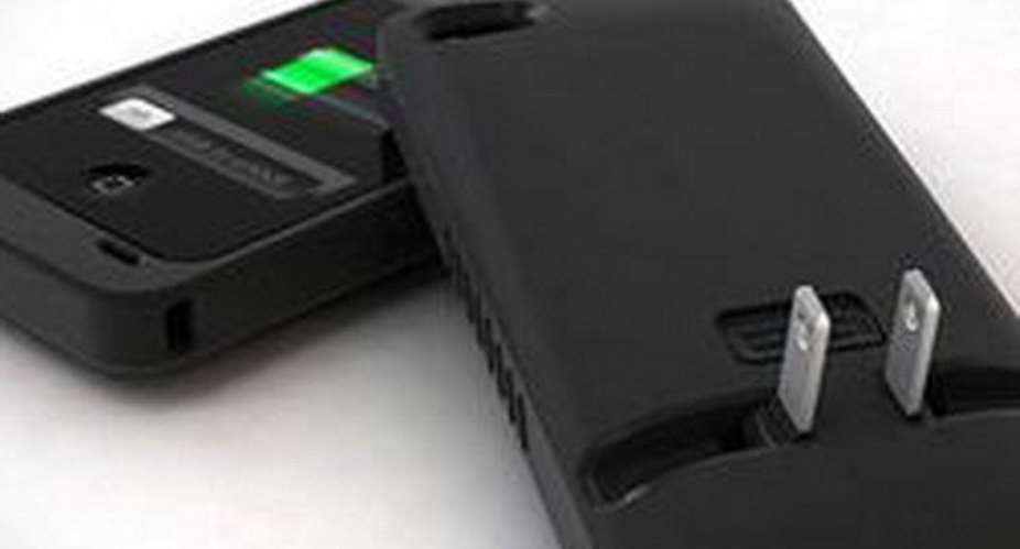 The JuiceTank is a case that snaps onto your iPhone and provides an integrated wall-charging plug.