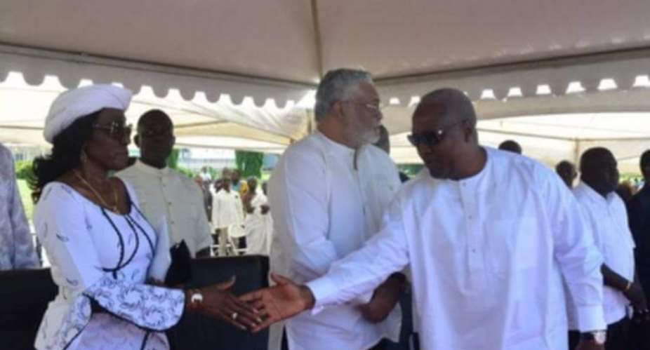 President John Mahama exchanging pleasantries with Konadu Rawlings. beside them is Mr Rawlings