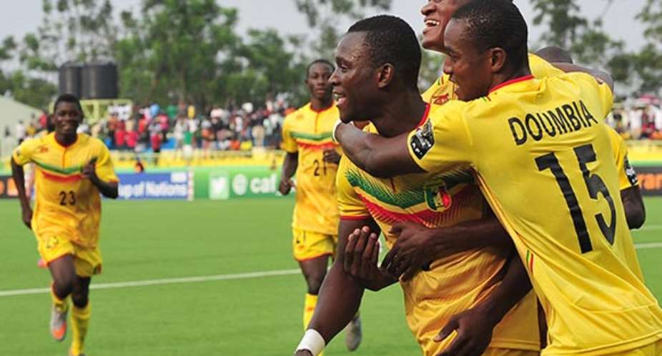 Aliou Dieng of Mali celebrates goal with teammates during the 2016 CHAN Rwanda quarterfinal between Tunisa and Mali atDtade de Kigali, Kigali on 31 January 2016 Ryan WilkiskyBackpagePix