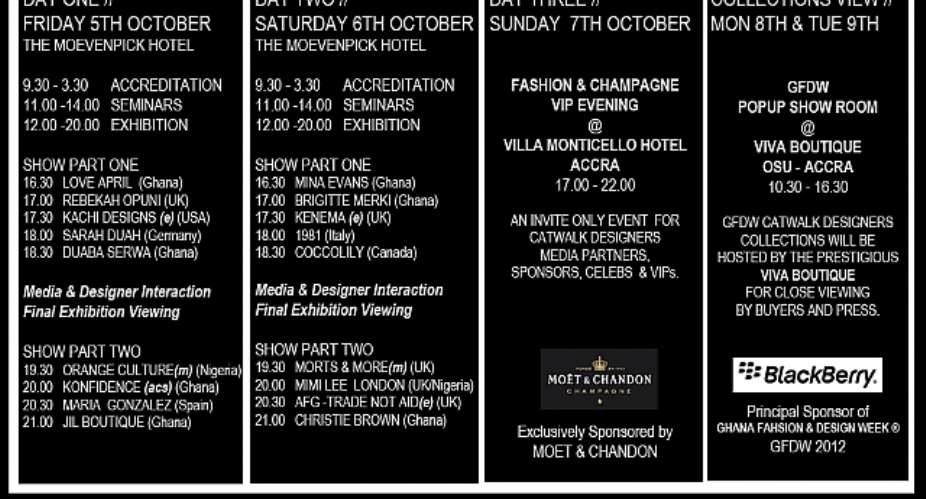 GHANA FASHION  DESIGN WEEK REVEALS SELECTED DESIGNERS TO SHOWCASE THEIR SPRINGSUMMER 2013 COLLECTION ON THE 5-7 October 2012.