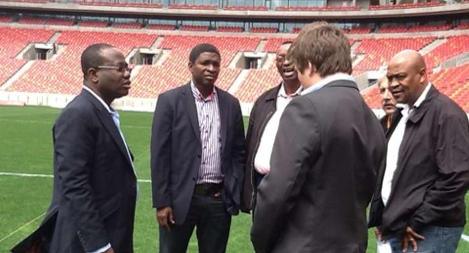 Kwesi Nyantakyi and Maxwell Konadu inspecting the Nelson Mandela Bay Stadium