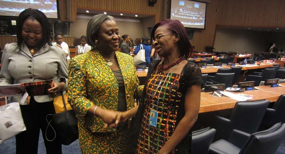 Picture by R. Harry Reynolds shows Ambassador Martha Pobee,middle Ghanas Permanent Representative to the United Nations congratulating Ms Gbedemah after her re-election.