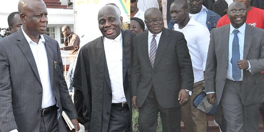 Chris Akumey, Tsatsu Tsikata and Nana Akufo-Addo and Dr Bawumia (pertitioners) leaving the court yesterday