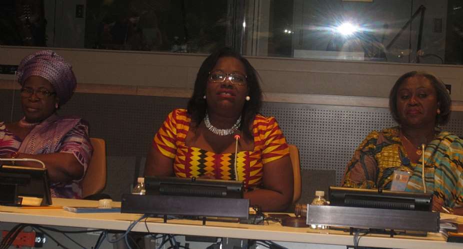 Nana Oye addressing the event. On her left is Ambassador Pobee and Mrs Ayamba on the right