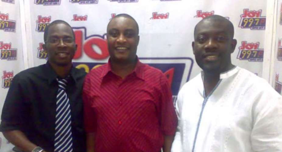 R-L Kojo Oppong-Nkrumah, SMS host; Papa Kow Acquaye, Head of Talk Programmes and Benjamin Adu Boahene, Coordinator of the R100 Project.