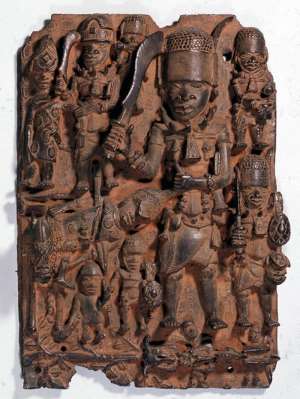 Relief panel with a battle scene, Benin, Nigeria, from Museum für Kunst and Gewerbe, Hamburg. This one of three eBenin artefacts found on research by the museum to have been looted but were not returned to Benin but rather to the Museum at Rothenbaum, former Ethnology Museum, Hamburg.