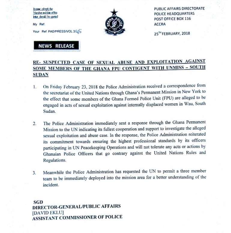 UN Mission Sex Scandal Ghana Police Deeply Disappointed