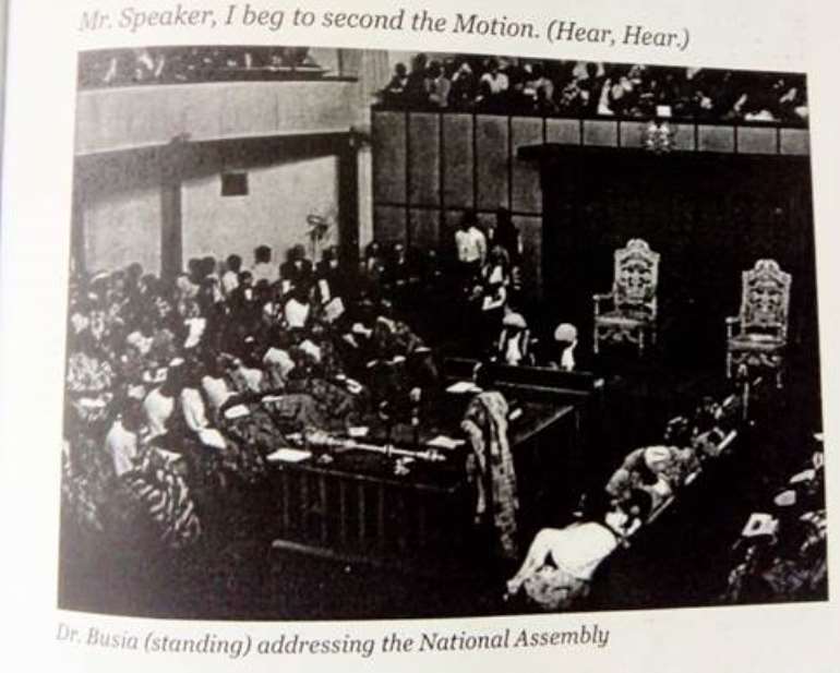 Prof K. A Busia seconding the Independence Motion in the Legislative Assembly on 6<sup>th</sup> March 1957. Picture credit K. Busia – Symbol of Democracy – by Anana Agyei
