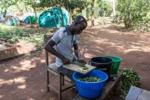 Tanguy Kponton, a training project analyst, prepares soup at the agricultural workshop that teaches young people how to work the land sustainably. By Yanick Folly (AFP)