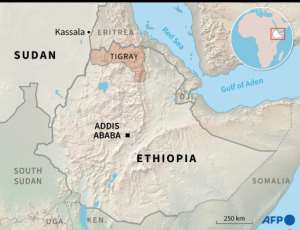 Map of Ethiopia and Sudan locating the Ethiopian region of Tigray and the Sudanese towns of Kassala and Gadaref. By Simon MALFATTO (AFP)