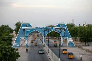 The city gate at Maiduguri in Nigeria, where travellers using the key Damaturu road have been abducted by jihadists. By FATI ABUBAKAR (AFP/File)