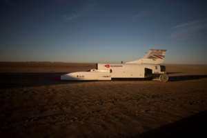 The Bloodhound resembles a wingless jet on aluminium wheels, with a long white body topped by an engine and a stabiliser. By RODGER BOSCH (AFP)