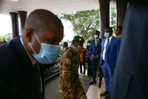 The head of the Malian military junta, Col. Assimi Goita, centre, arriving in Ghana for the ECOWAS summit. By Nipah Dennis (AFP)