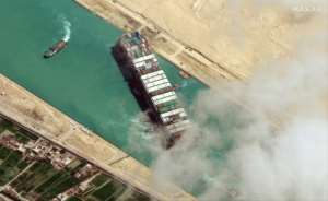 The MV Ever Given container ship blocked the Suez Canal for six days in March, crippling global supply lines and costing billions. By - (Satellite image ©2021 Maxar Technologies/AFP/File)