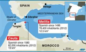 The Spanish enclaves of Ceuta and Melilla are the only land borders that the European Union shares with Africa. By AFP Graphics, J.Jacobsen, JJ (AFP)