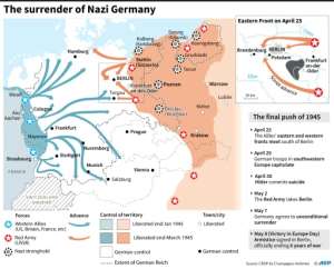 Map showing the last stages of World War II 1945, leading to the armistice of May 8.. By (AFP)