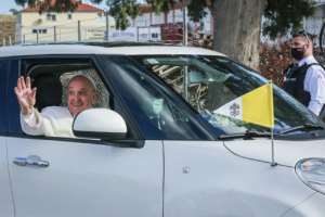 The pope's visit came after he delivered a stinging rebuke to Europe which he said was 'torn by nationalist egoism'. By MANOLIS LAGOUTARIS (AFP)